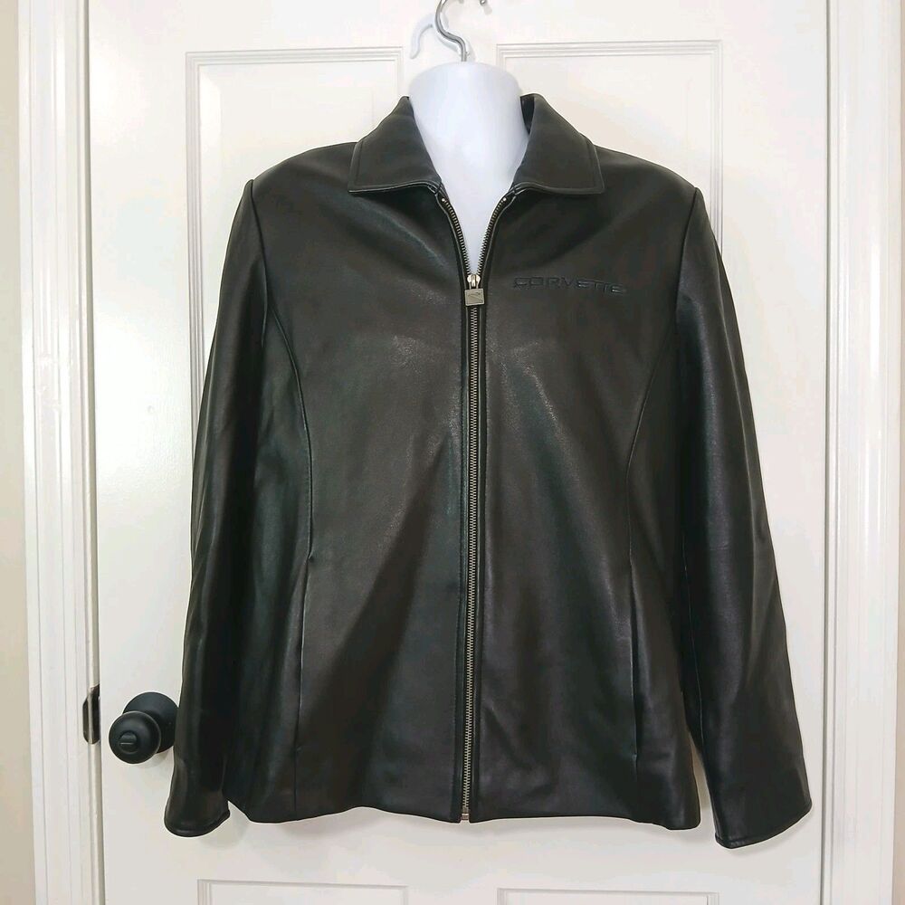 ​Vintage Men’s M Corvette Leather Jacket Black Embroidered Racing Streetwear